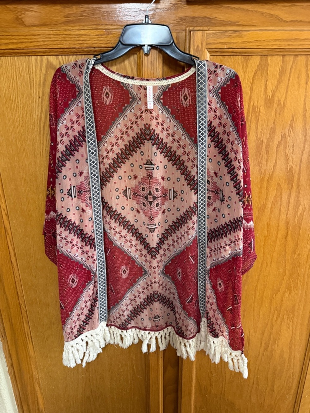 Xhilaration Red & Pink Patterned Boho Fringe Kimono